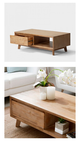 Two images of light acacia wood coffee table, one only on white, the other of it in a living room setting with orchid on top
